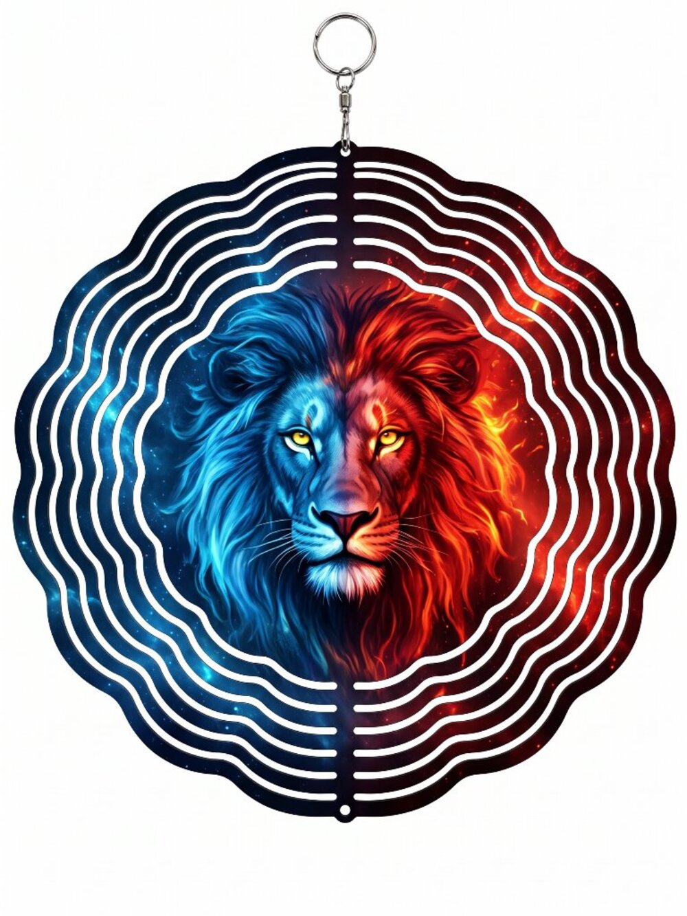 10" Fiery Lion Kinetic Wind Spinner - Blue Fire Metal Hanging Yard Decor